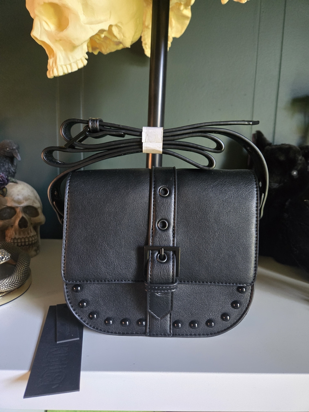 Black Studded Crossbody Shoulder Bag - Classic Women's Shoulder Bag